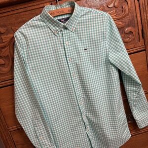 Vineyard Vines Whale Shirt Long Sleeve Button Blue Gingham Boy's Size L or 16